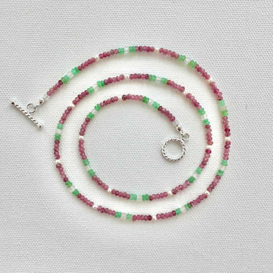 Chrysoprase, Pearl, Pink Tourmaline & Rose Quartz Lariat