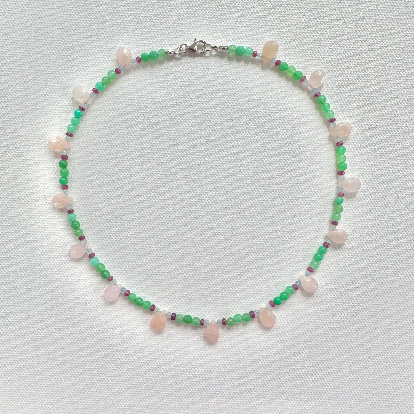 Aquamarine, Chrysoprase, Morganite Teardrop & Ruby Necklace