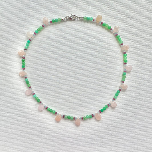 Aquamarine, Chrysoprase, Morganite Teardrop & Ruby Necklace