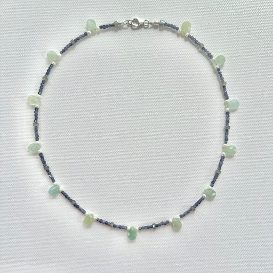 Green Beryl Teardrop, Iolite, Labradorite & Pearl Necklace