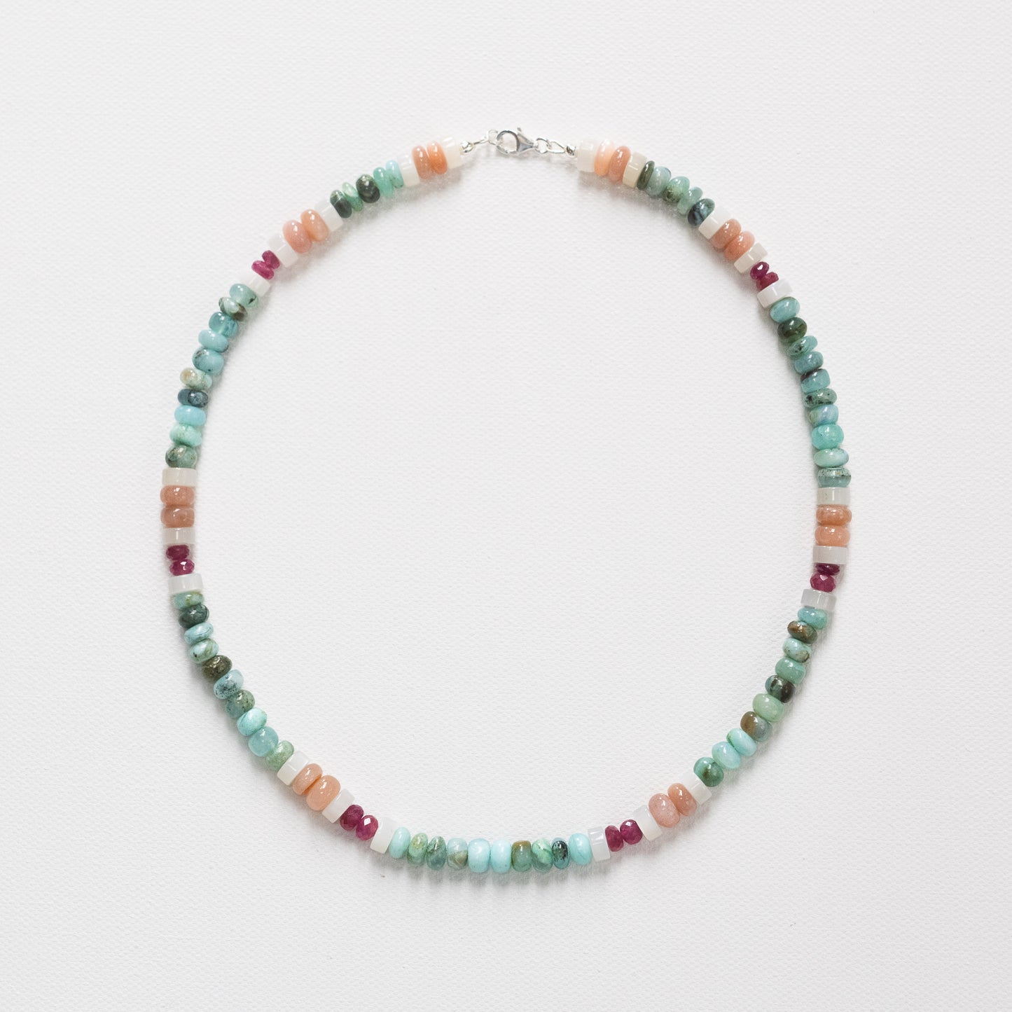 Peach + White Moonstone, Peruvian Blue Opal & Pink Sapphire Necklace