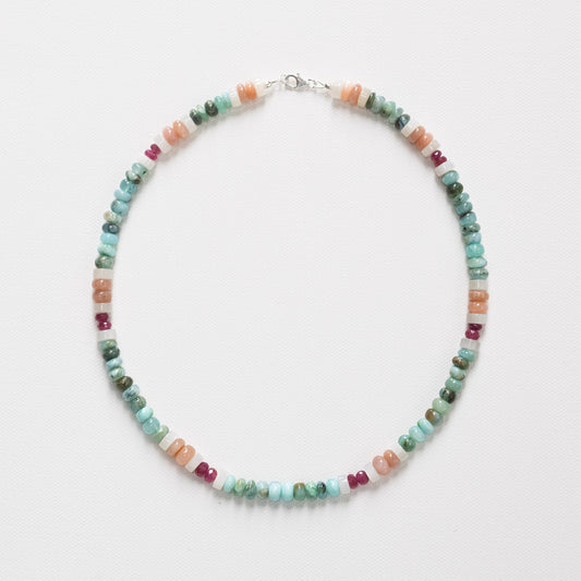 Peach + White Moonstone, Peruvian Blue Opal & Pink Sapphire Necklace