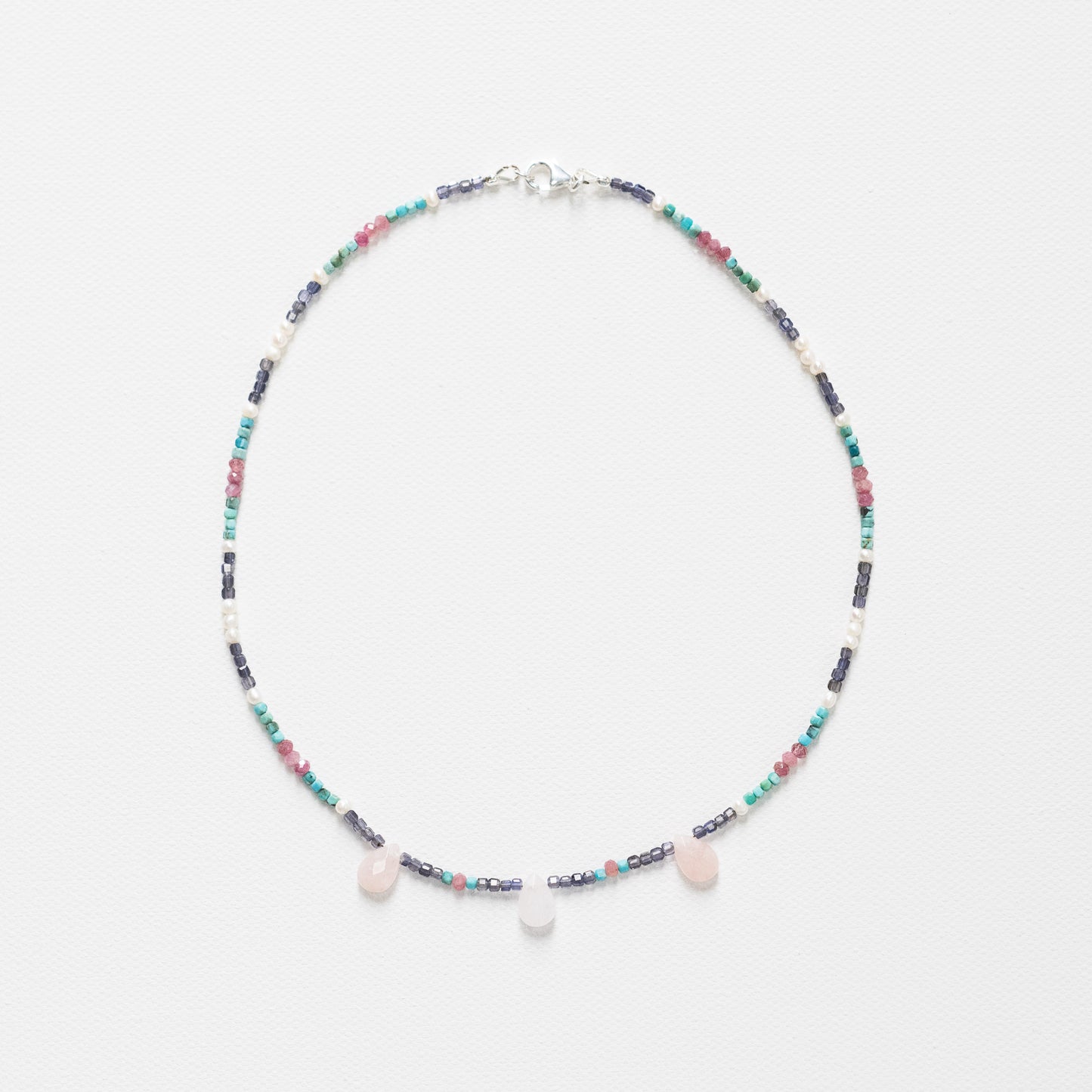 Iolite, Morganite Teardrop, Pearl, Pink Tourmaline & Turquoise Necklace