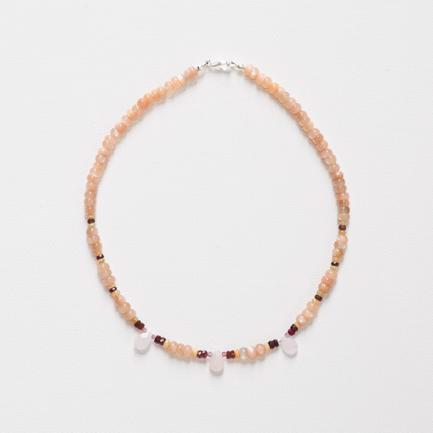 Ethiopian Fire Opal, Morganite Teardrop, Peach Moonstone & Pink + Red Spinel Necklace