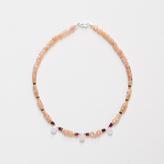 Ethiopian Fire Opal, Morganite Teardrop, Peach Moonstone & Pink + Red Spinel Necklace